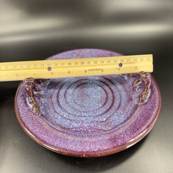 Hand Made Vintage Pottery Dish Tray With Handles Purple Drip Glaze Artist Signed - Picture 6 of 15